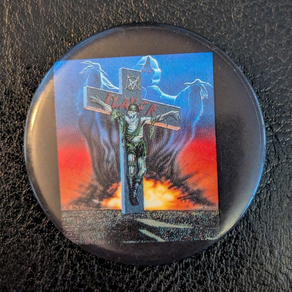Vintage Slayer Band Button Pin with Cross Design, 1991